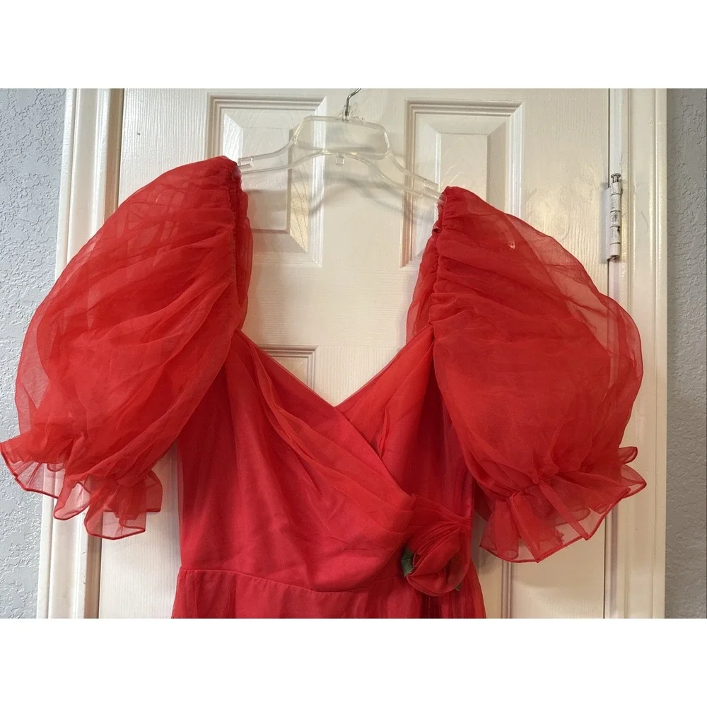 Vtg Red Chiffon Union Made Full Maxi Sweetheart Prom‎ Party Dress Puff Sleeves - Picture 2 of 16